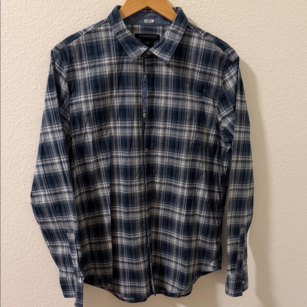 John Varvatos Blue and White Plaid Button Down Shirt